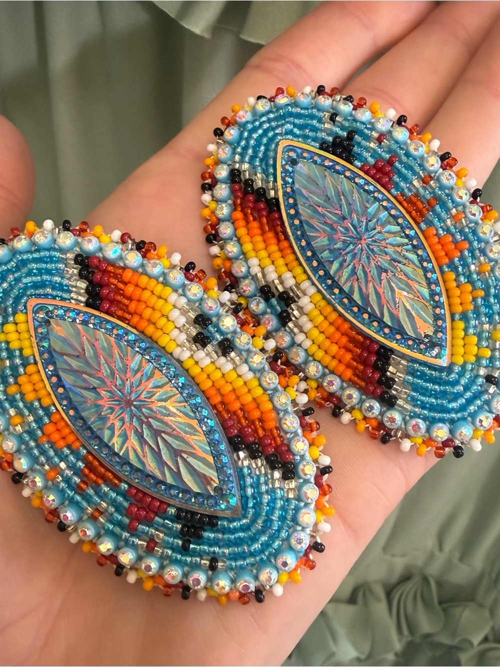 Handmade Multicolor Beaded Statement Earrings - Blue, Orange & Yellow